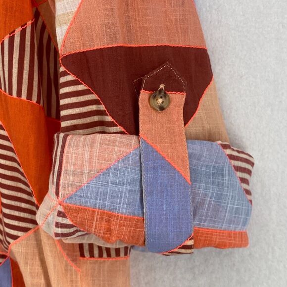 MAEVE ANTHROPOLOGIE Top L Patchwork Shirt Button Front Roll Tab Sleeve Pink Blue - Picture 7 of 16